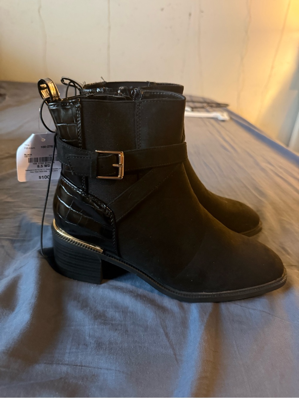 Women’s Black Ankle Booties with Gold Buckle Detail